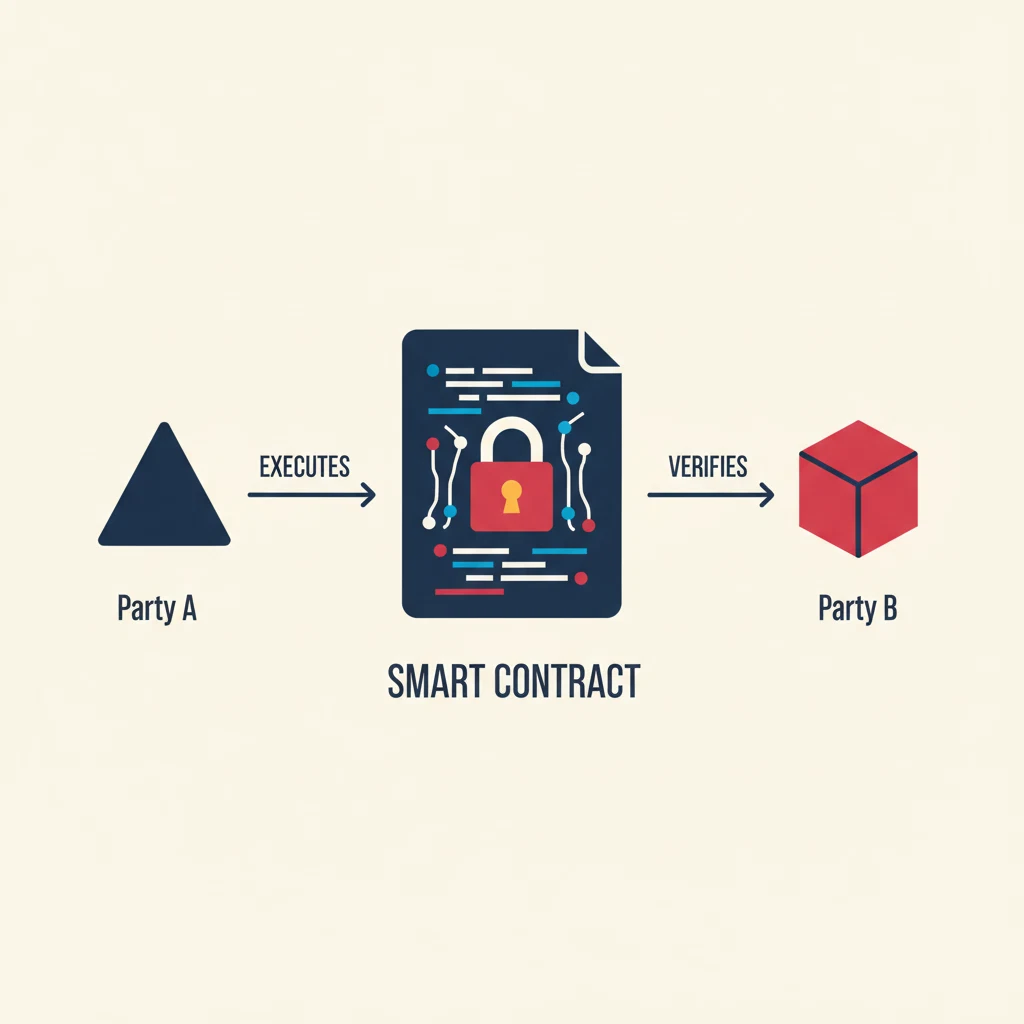 Ilustração educacional de um smart contract conectando partes de forma autônoma
